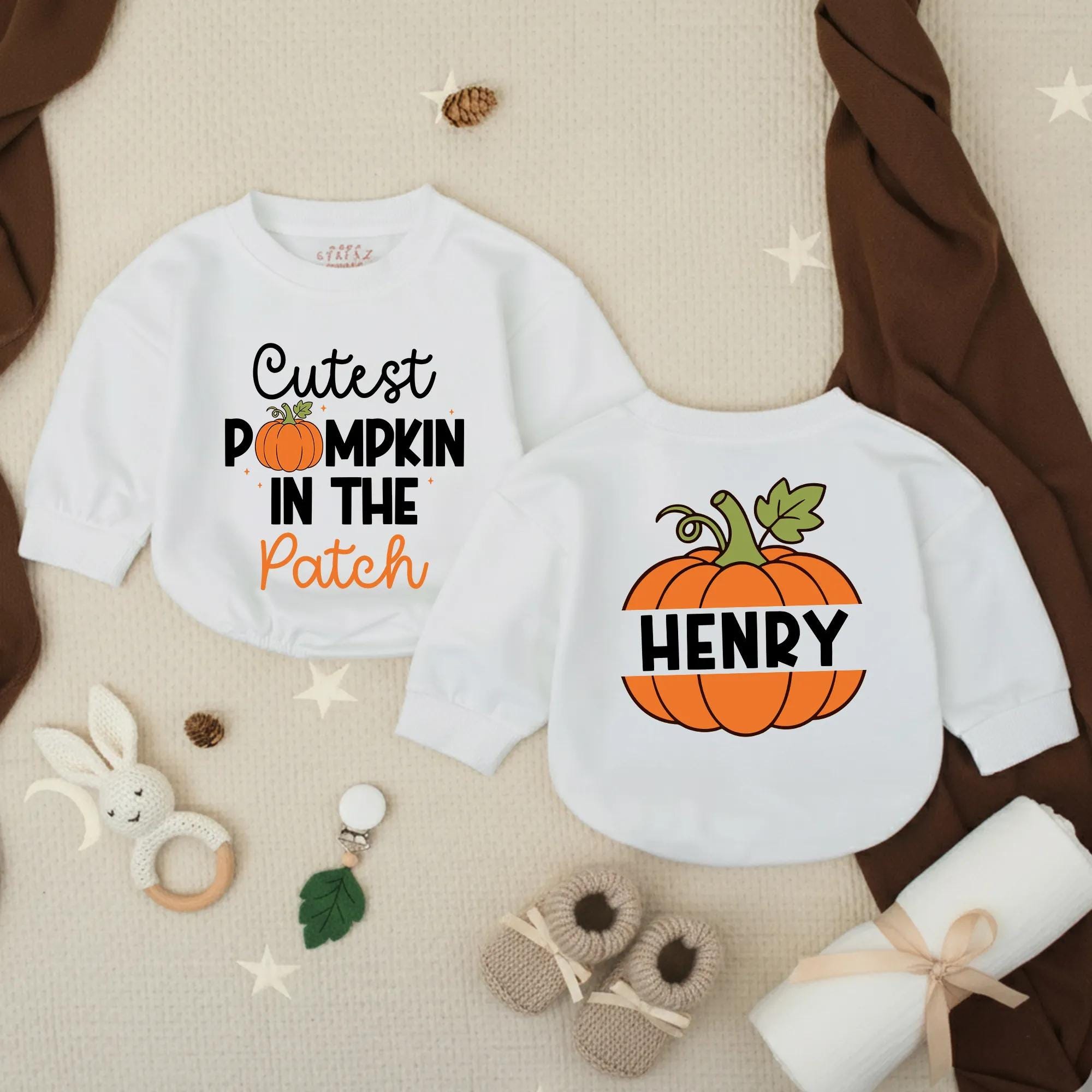Cutest Pumpkin in the Patch Baby Romper with Custom Name, Fall Newborn Outfit for Pumpkin Patch and Halloween Photos