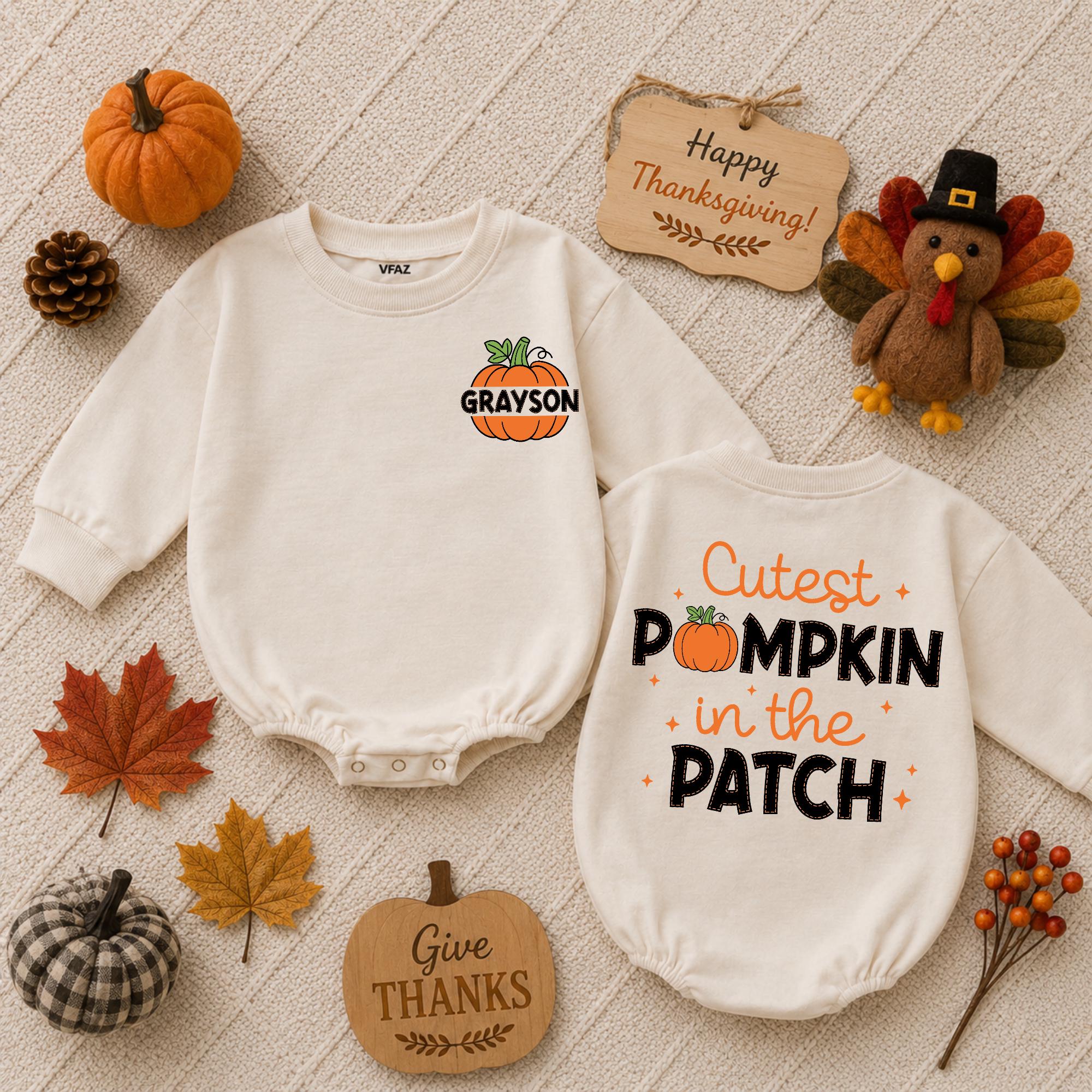 Cutest Pumpkin in the Patch Baby Romper with Custom Name, Thanksgiving Newborn Outfit, 1st Halloween Baby Shower Gift