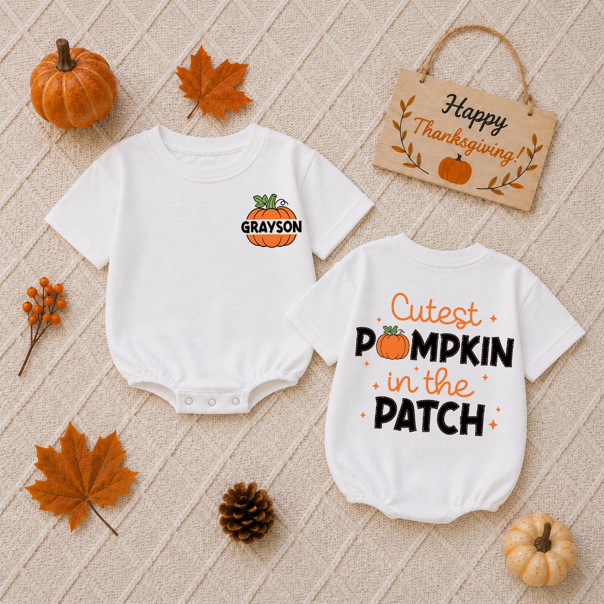 Cutest Pumpkin in the Patch Baby Romper with Custom Name, Thanksgiving Newborn Outfit, 1st Halloween Baby Shower Gift