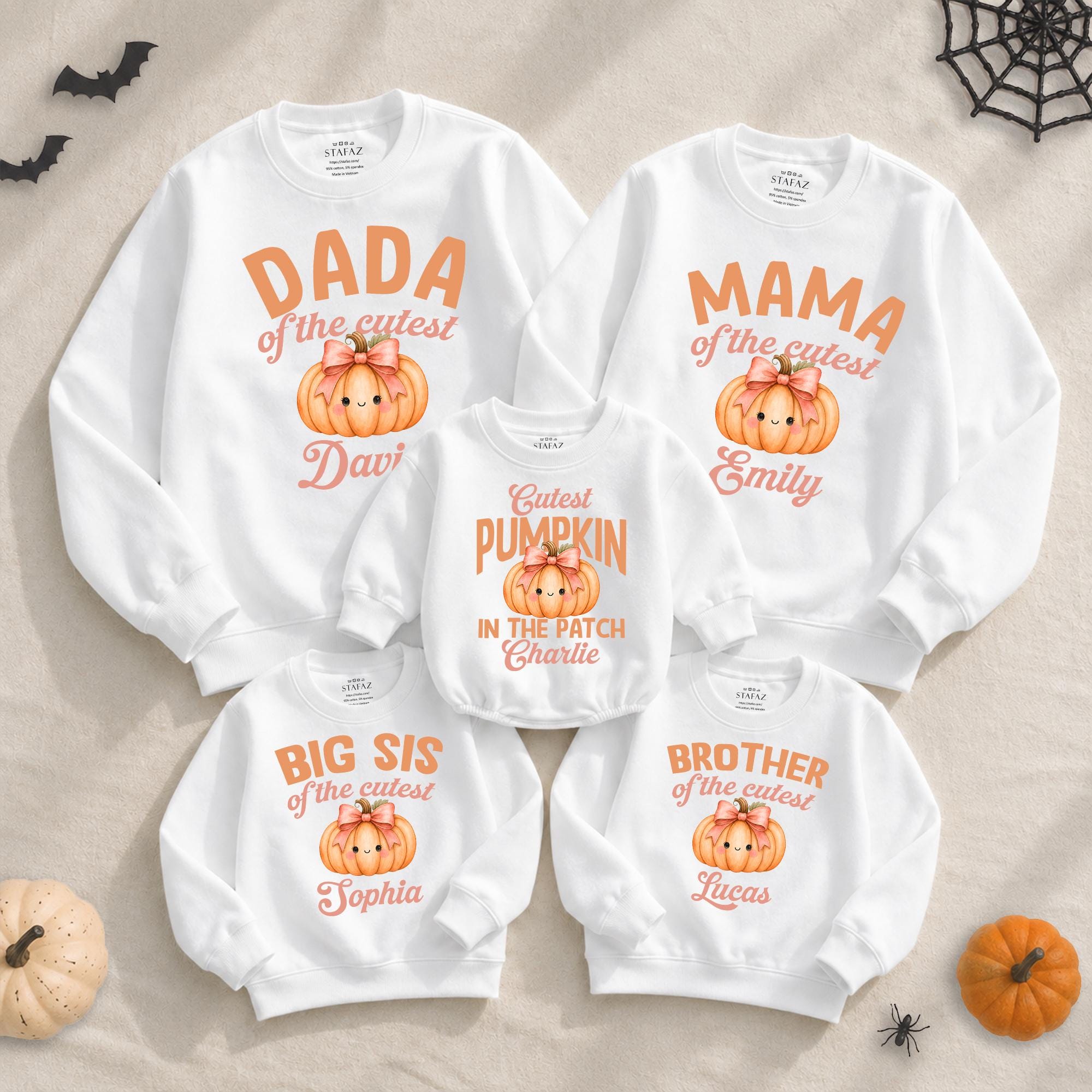 Cutest Pumpkin in the Patch Family Matching Sweatshirts & Baby Romper with Custom Names, Fall Halloween Pumpkin Patch Outfit