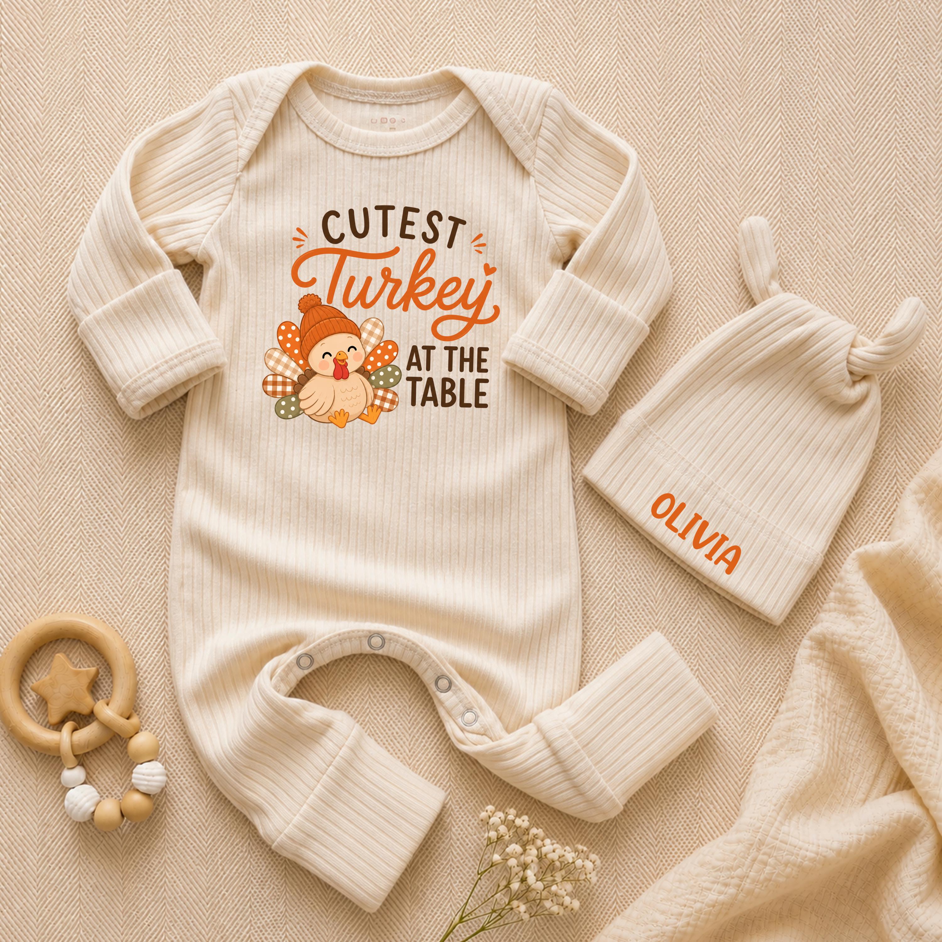 Cutest Turkey at the Table Baby Bodysuit and Custom Name Hat, Thanksgiving Newborn Outfit, Adorable Baby Shower Gift Set