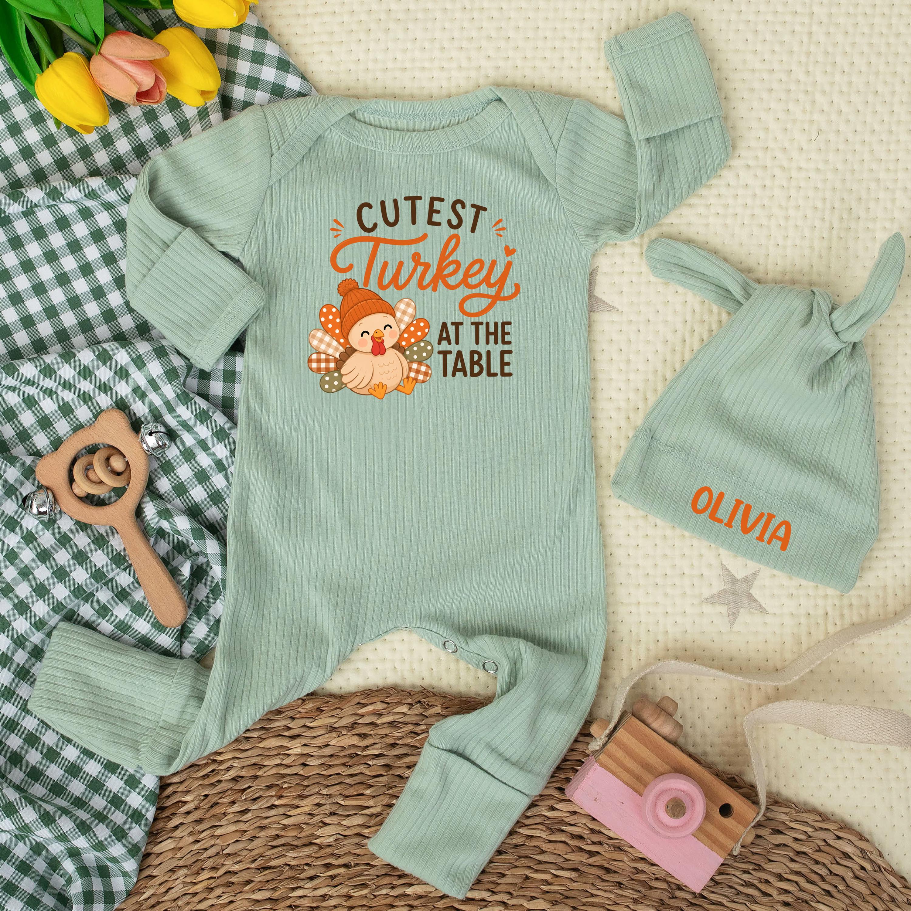 Cutest Turkey at the Table Baby Bodysuit and Custom Name Hat, Thanksgiving Newborn Outfit, Adorable Baby Shower Gift Set