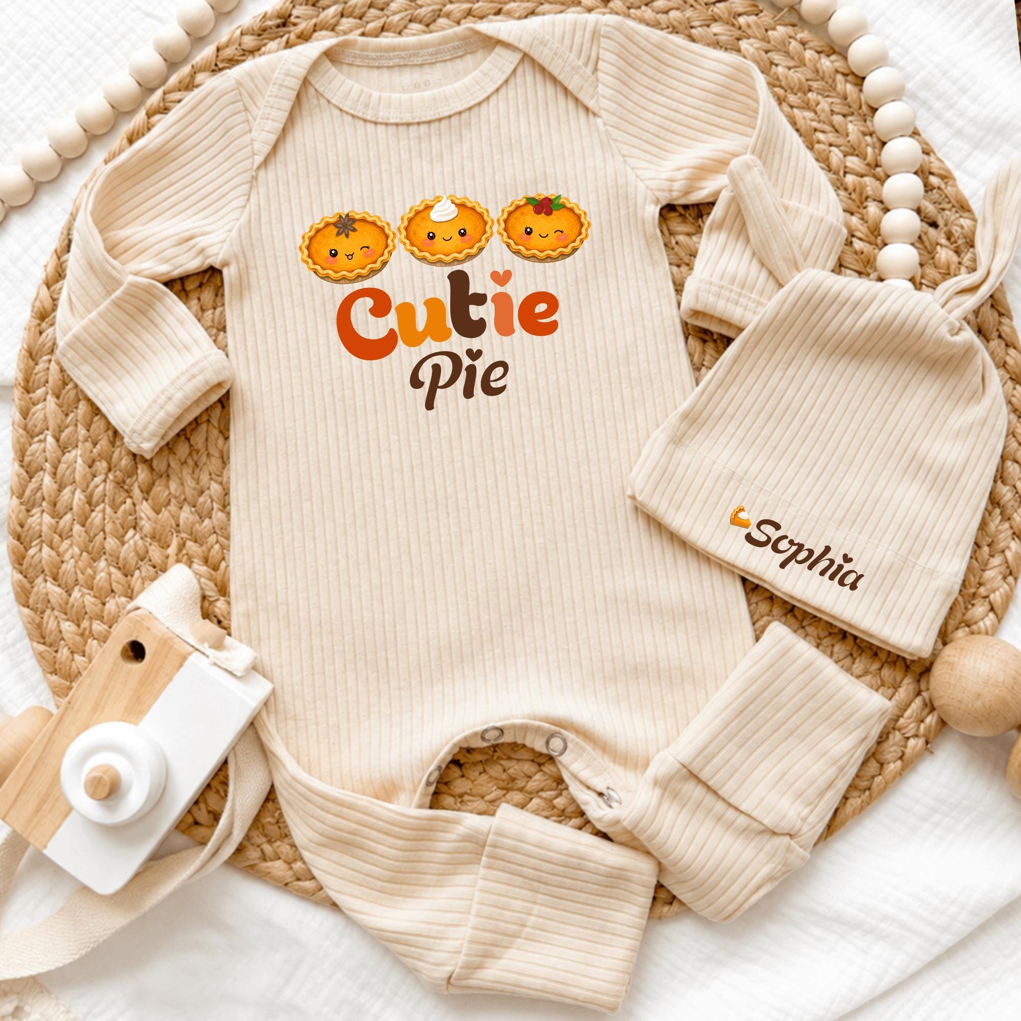 Cutie Pie Pumpkin Baby Bodysuit and Hat Set with Custom Name, Fall Thanksgiving Newborn Coming Home Outfit, Baby Shower Gift