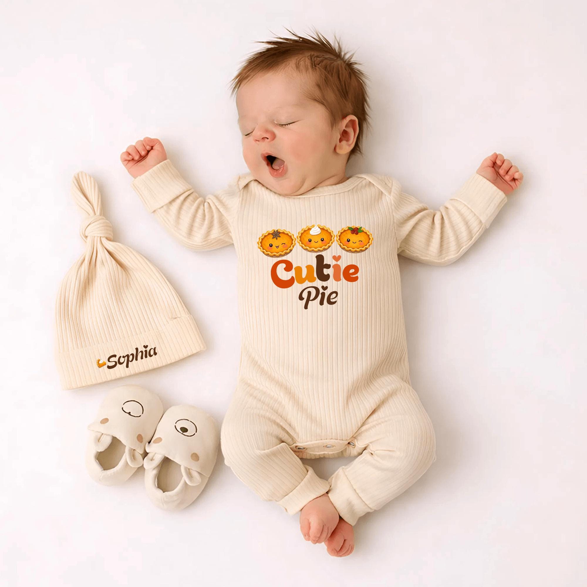 Cutie Pie Pumpkin Baby Bodysuit and Hat Set with Custom Name, Fall Thanksgiving Newborn Coming Home Outfit, Baby Shower Gift