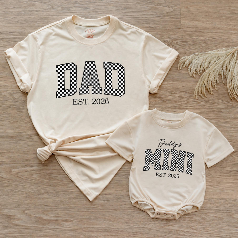Dad and Baby Matching Shirt and Romper Daddy’s Mini EST 2026 Outfit Custom Checkered Design New Dad Gift Soft Cotton Family Set