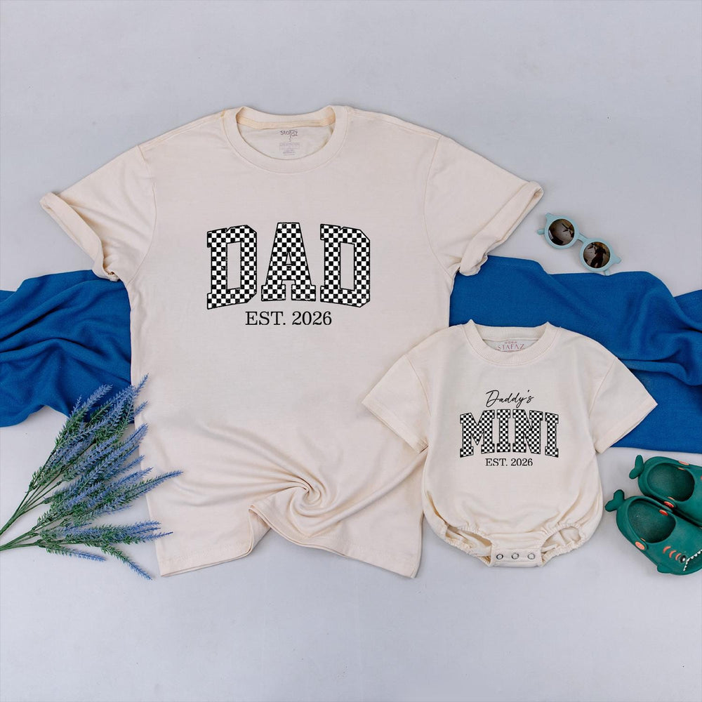 Dad and Baby Matching Shirt and Romper Daddy’s Mini EST 2026 Outfit Custom Checkered Design New Dad Gift Soft Cotton Family Set