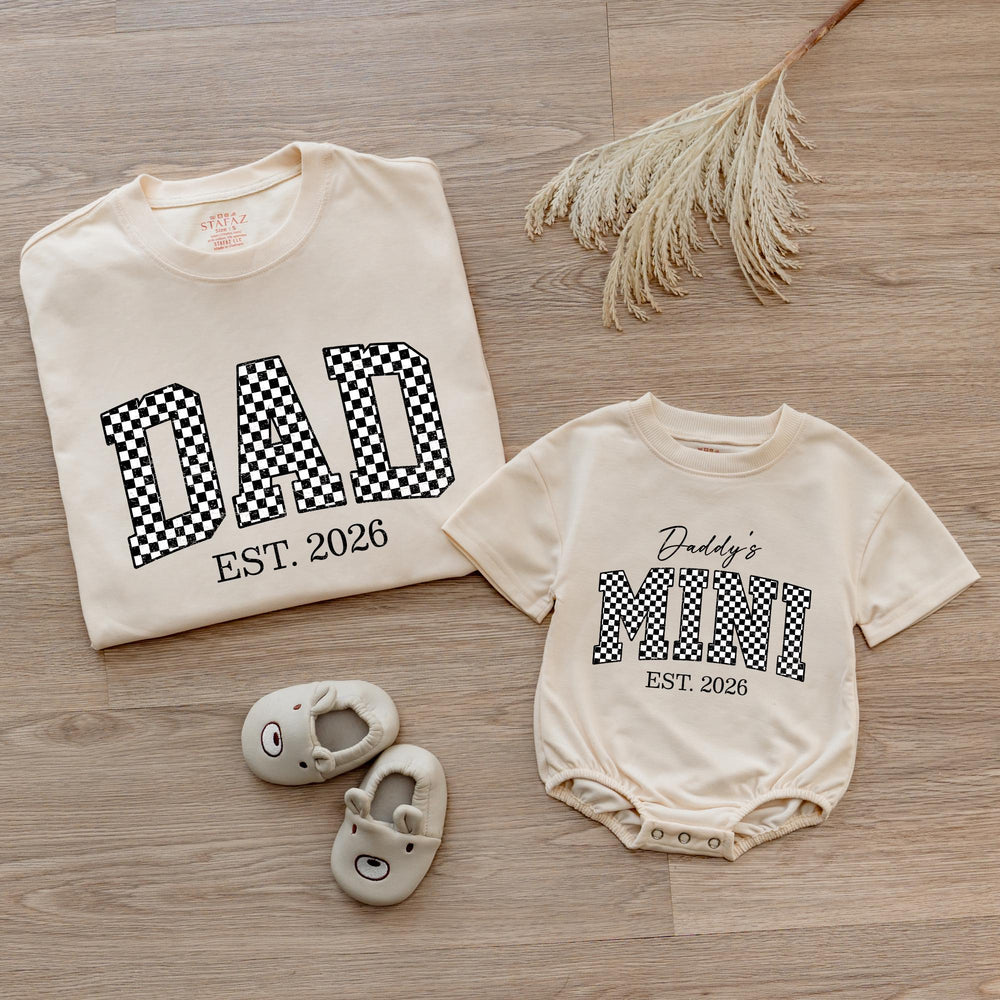Dad and Baby Matching Shirt and Romper Daddy’s Mini EST 2026 Outfit Custom Checkered Design New Dad Gift Soft Cotton Family Set