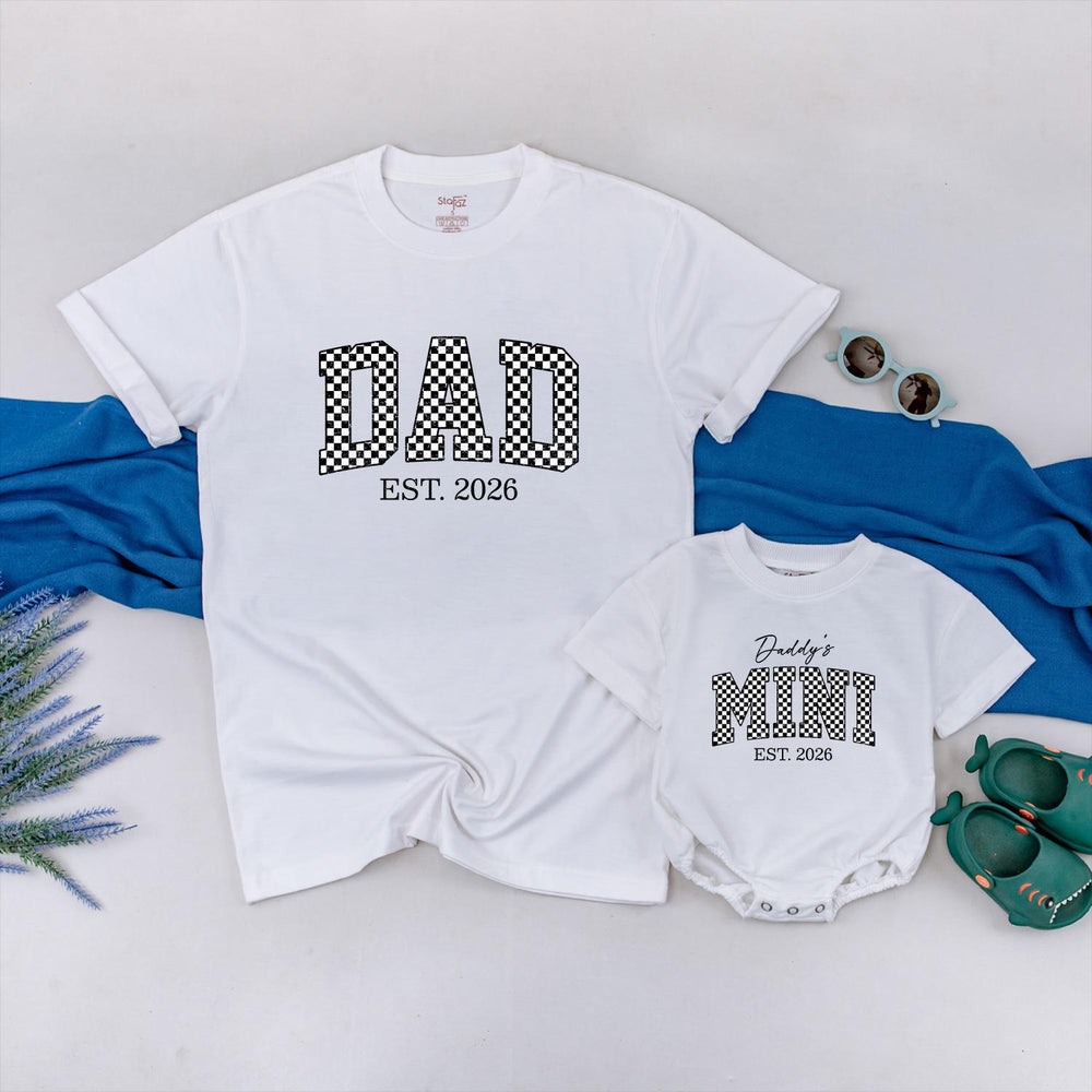 Dad and Baby Matching Shirt and Romper Daddy’s Mini EST 2026 Outfit Custom Checkered Design New Dad Gift Soft Cotton Family Set