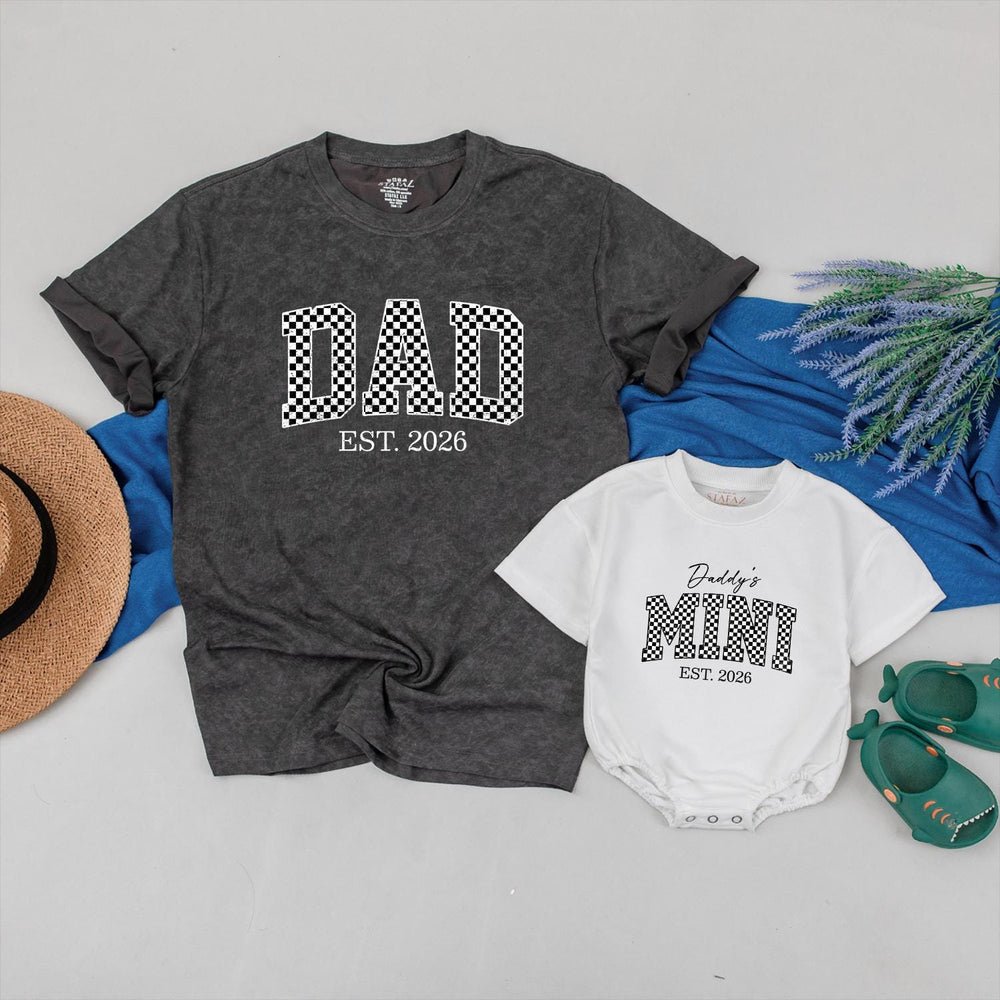 Dad and Baby Matching Shirt and Romper Daddy’s Mini EST 2026 Outfit Custom Checkered Design New Dad Gift Soft Cotton Family Set