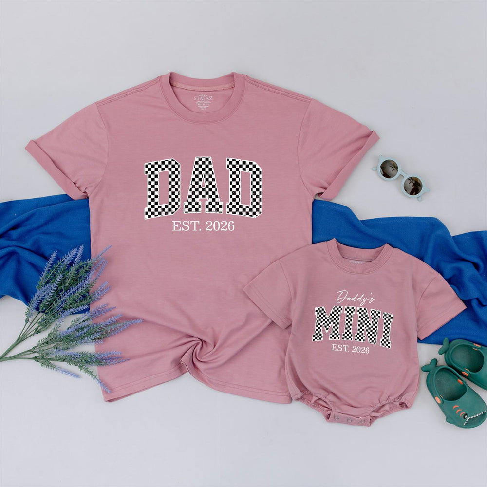 Dad and Baby Matching Shirt and Romper Daddy’s Mini EST 2026 Outfit Custom Checkered Design New Dad Gift Soft Cotton Family Set