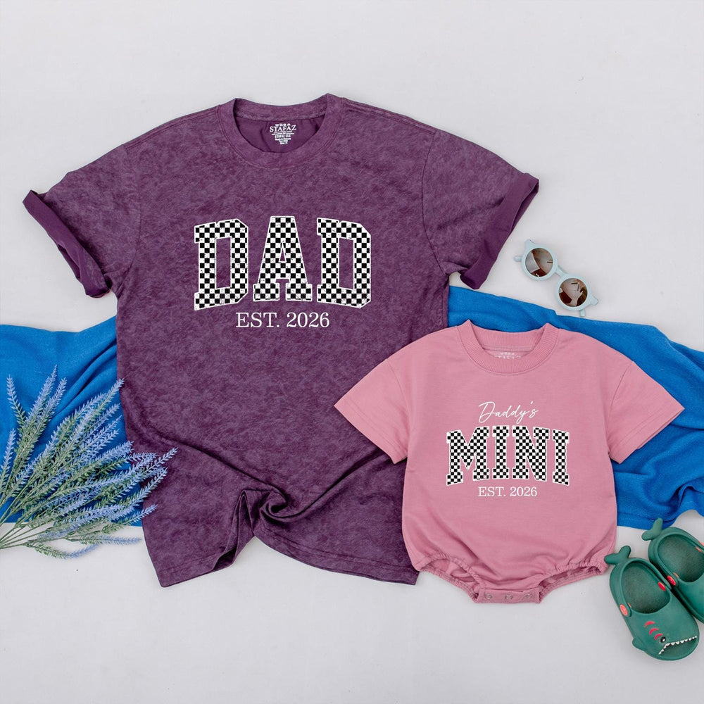 Dad and Baby Matching Shirt and Romper Daddy’s Mini EST 2026 Outfit Custom Checkered Design New Dad Gift Soft Cotton Family Set