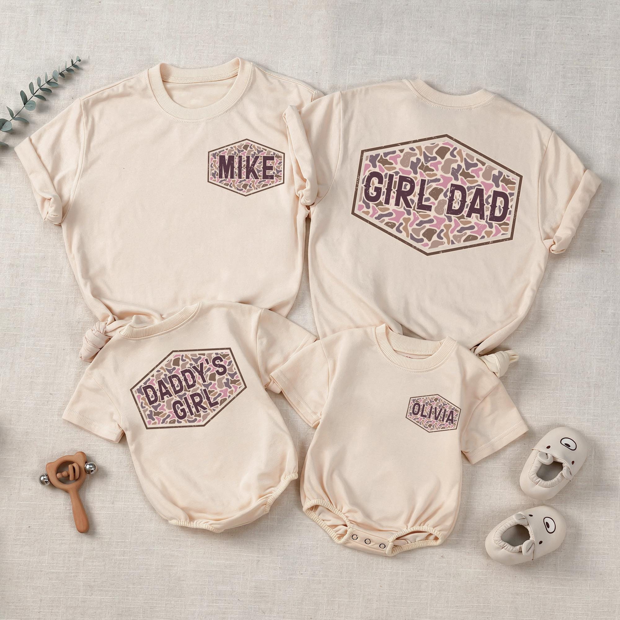 Dad and Daughter Matching Shirts with Pink Camo, Personalized Family Outfit for New Dads, Daddy’s Girl Baby Romper Gift, Custom Names