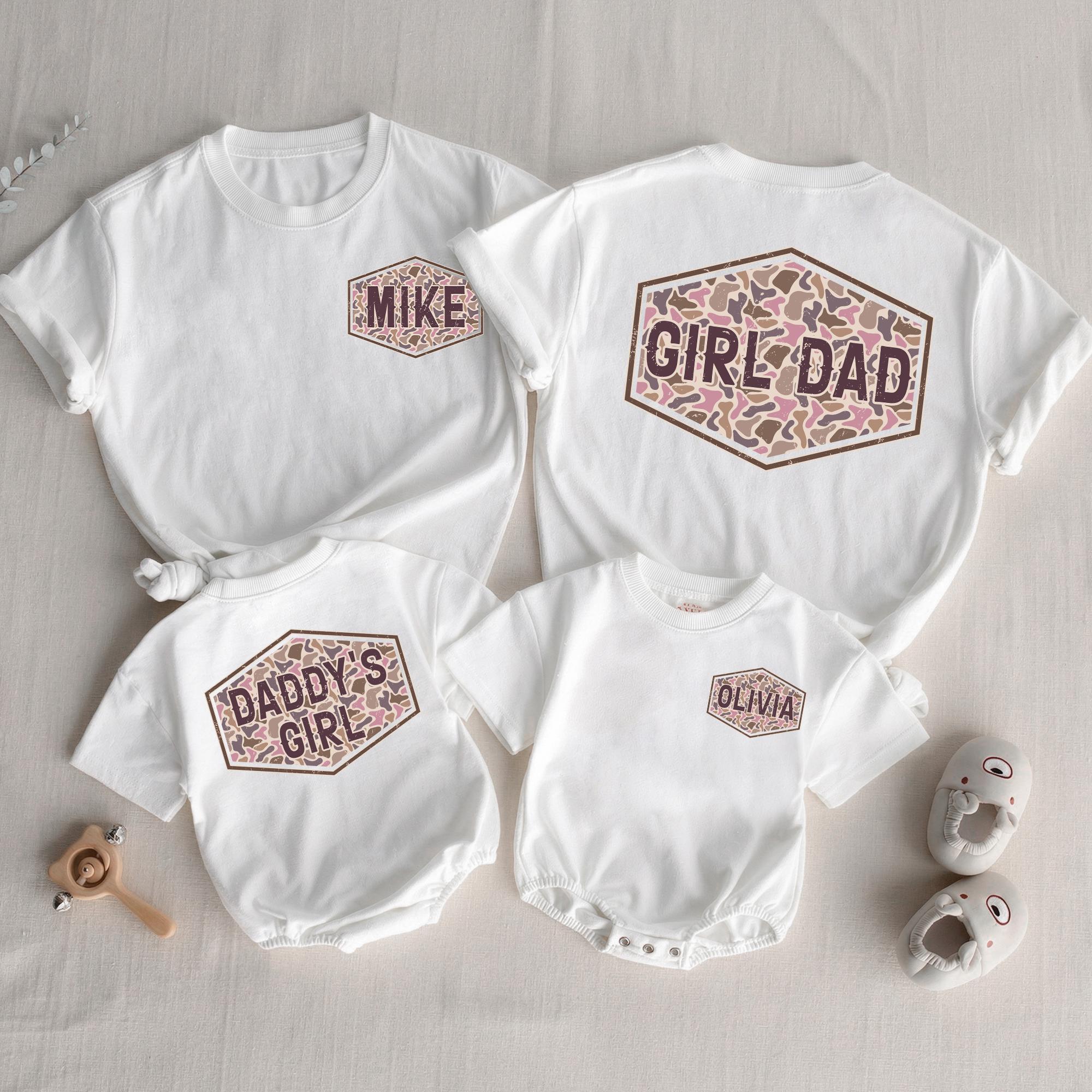 Dad and Daughter Matching Shirts with Pink Camo, Personalized Family Outfit for New Dads, Daddy’s Girl Baby Romper Gift, Custom Names