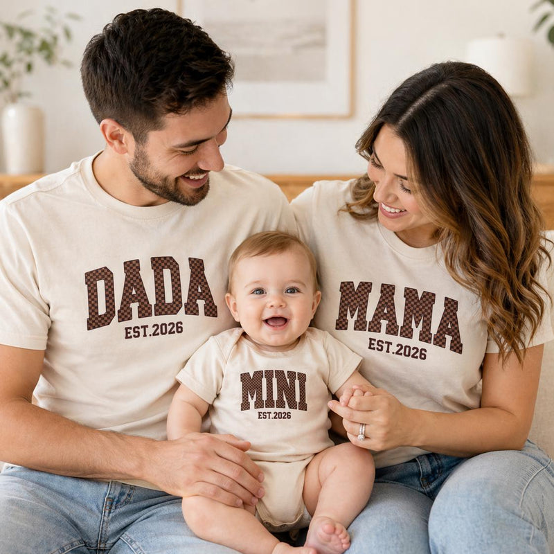 Dada Mama Mini Matching Shirts with EST 2026 Design, Family Outfits for New Parents and Baby, Neutral Baby Announcement Gift