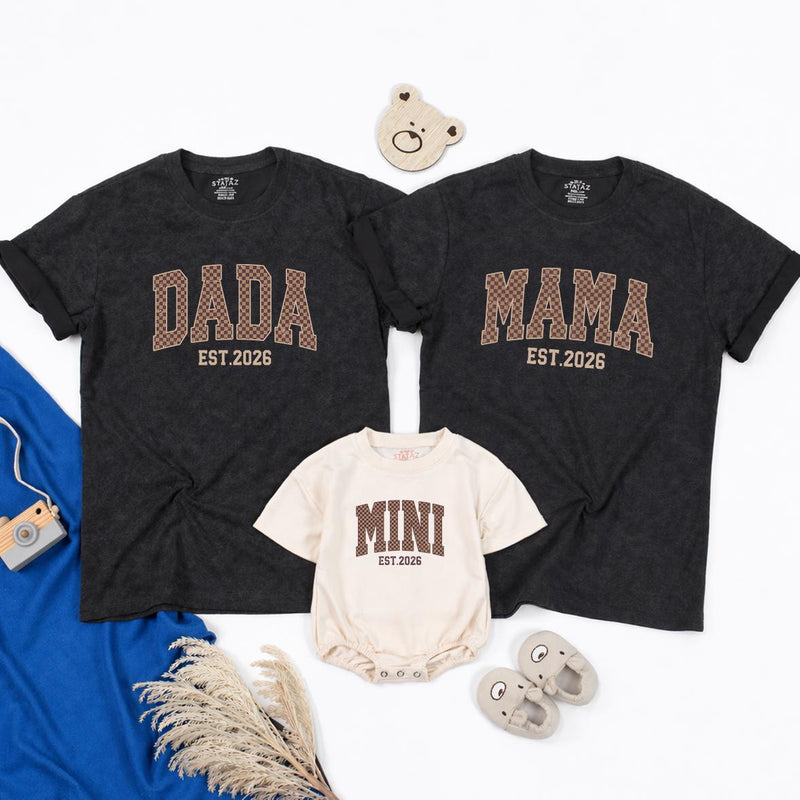Dada Mama Mini Matching Shirts with EST 2026 Design, Family Outfits for New Parents and Baby, Neutral Baby Announcement Gift