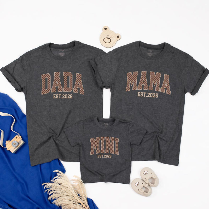 Dada Mama Mini Matching Shirts with EST 2026 Design, Family Outfits for New Parents and Baby, Neutral Baby Announcement Gift