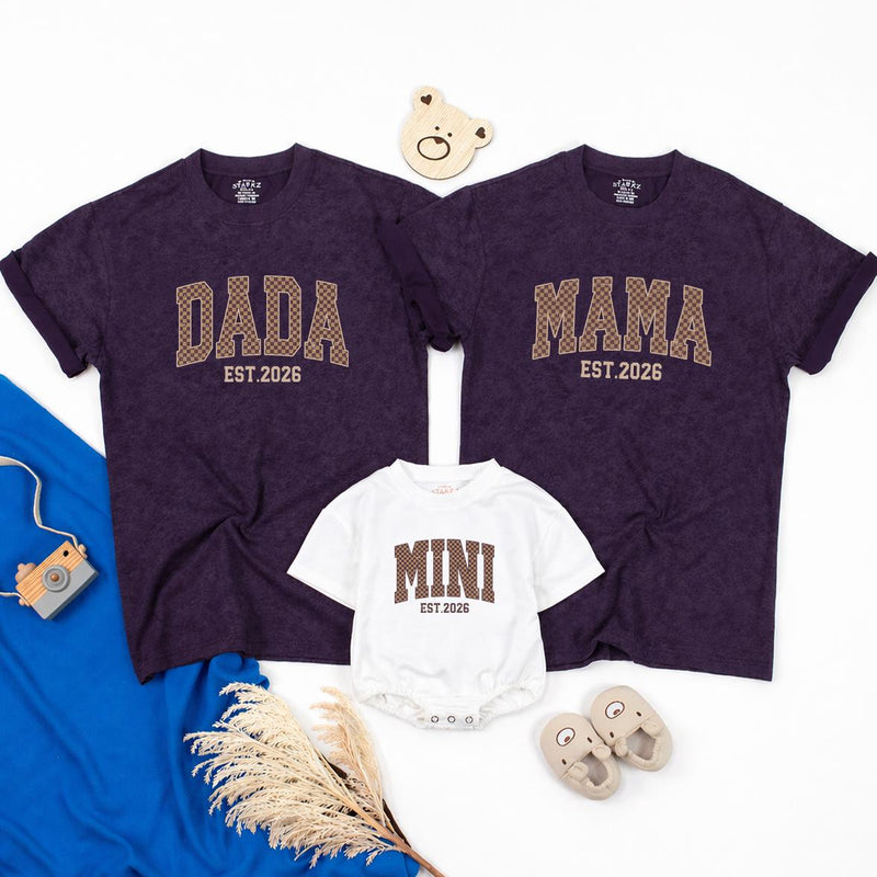 Dada Mama Mini Matching Shirts with EST 2026 Design, Family Outfits for New Parents and Baby, Neutral Baby Announcement Gift