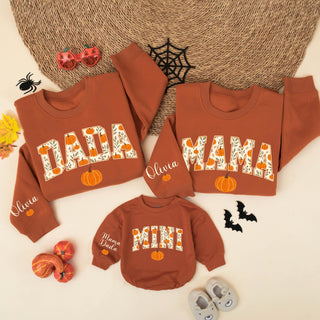 Dada Mama Mini Pumpkin Sweatshirts with Fall Motif and Custom Name, Matching Family Autumn Outfits for Pumpkin Patch Photos