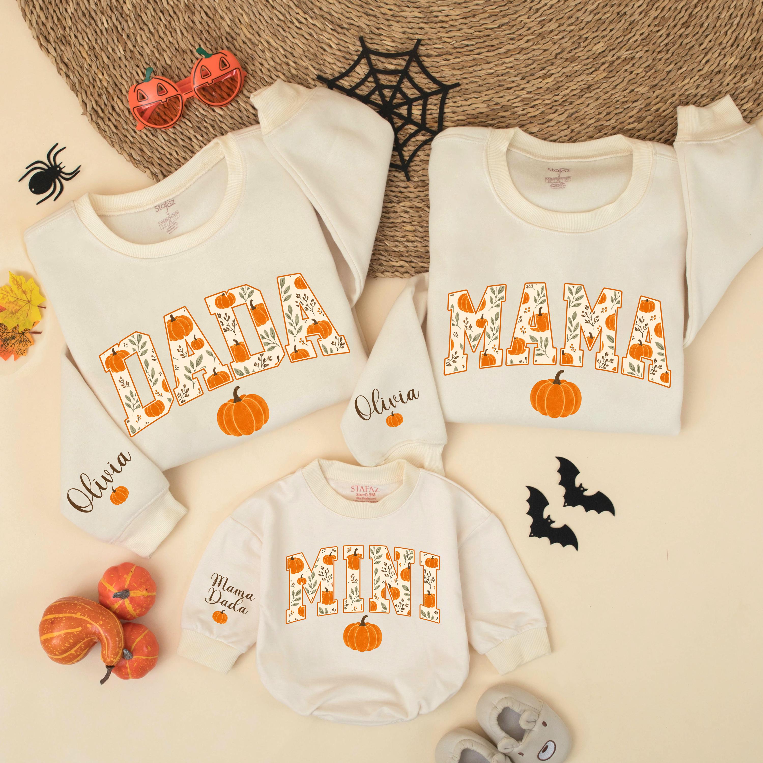 Dada Mama Mini Pumpkin Sweatshirts with Fall Motif and Custom Name, Matching Family Autumn Outfits for Pumpkin Patch Photos