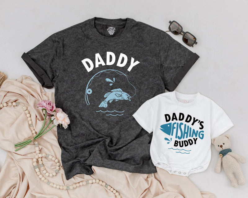 Daddy and Baby Matching Fishing Shirts Father’s Day Outfit Daddy’s Fishing Buddy Romper Light Blue Graphic Design Family Gift Idea