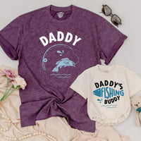Daddy and Baby Matching Fishing Shirts Father’s Day Outfit Daddy’s Fishing Buddy Romper Light Blue Graphic Design Family Gift Idea
