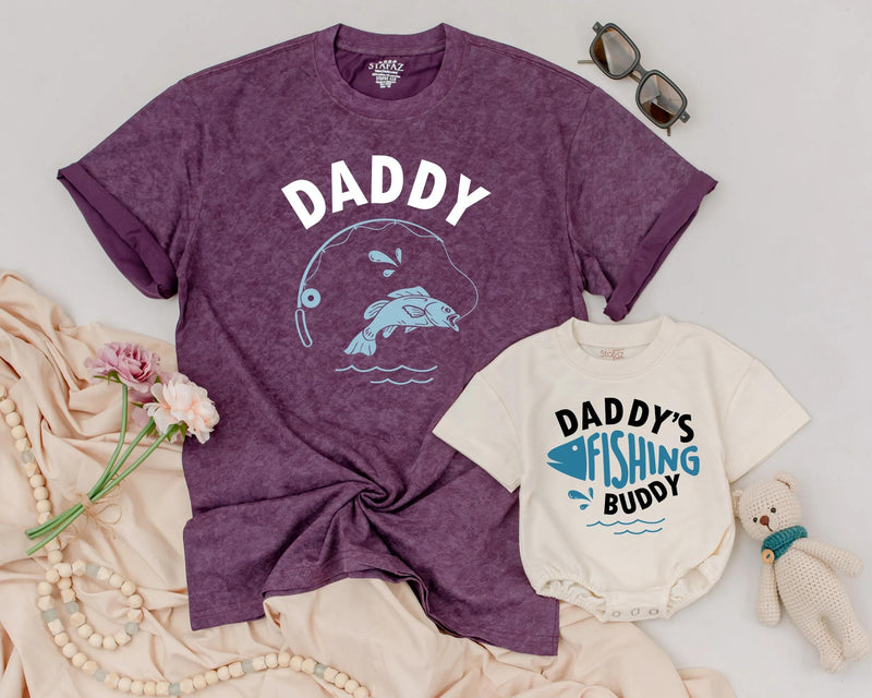 Daddy and Baby Matching Fishing Shirts Father’s Day Outfit Daddy’s Fishing Buddy Romper Light Blue Graphic Design Family Gift Idea
