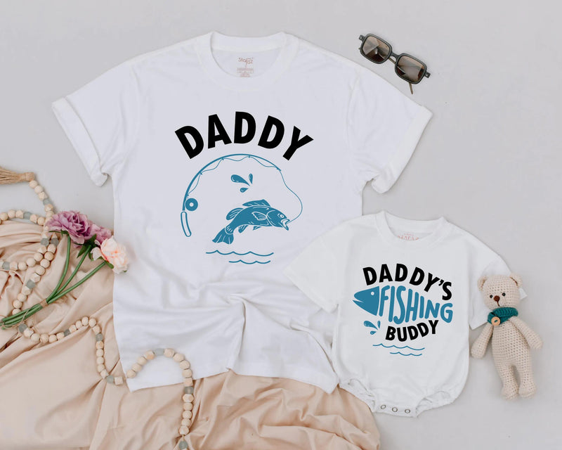 Daddy and Baby Matching Fishing Shirts with Playful Blue and White Design Perfect Father's Day Gift Dad and Infant Outfit or Romper