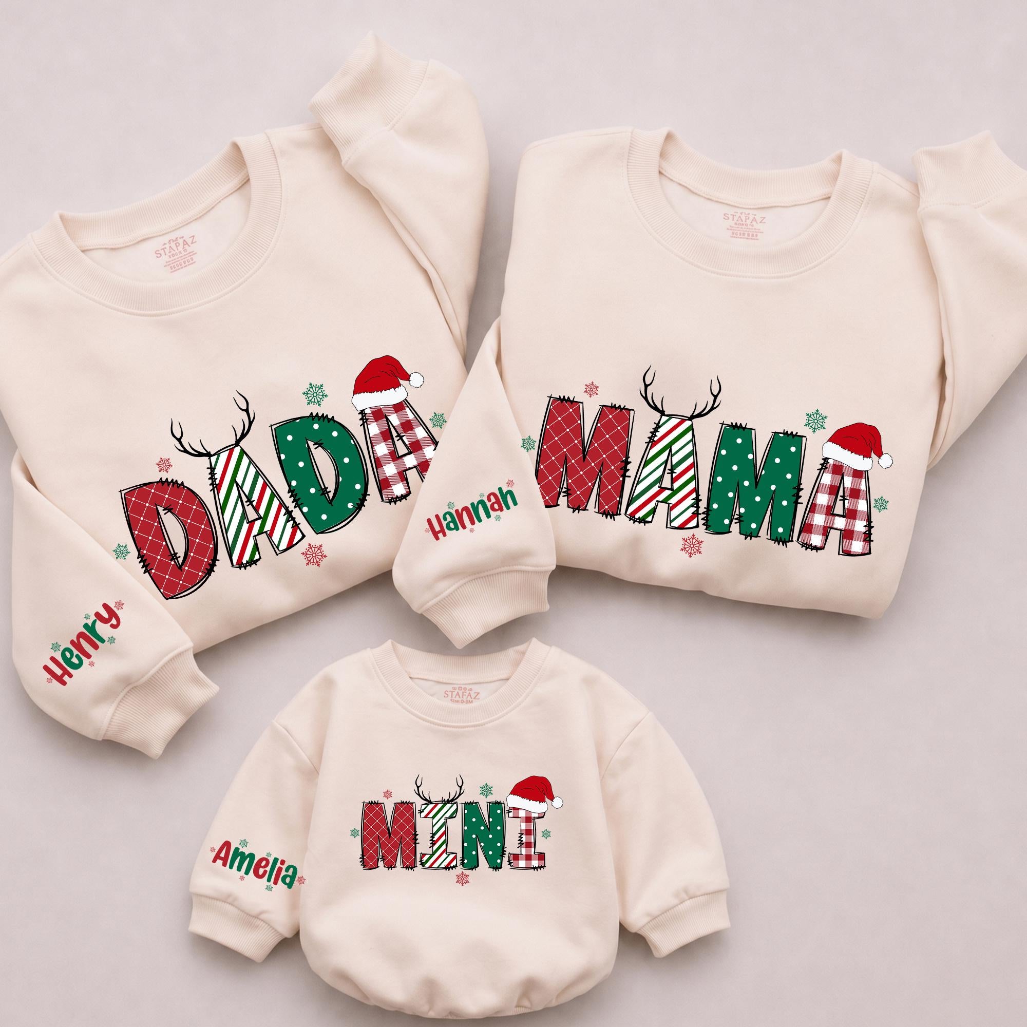 Daddy Mama Mini Matching Christmas Sweatshirts with Santa Hat Artwork, Custom Names, Family Holiday Outfits for Photos
