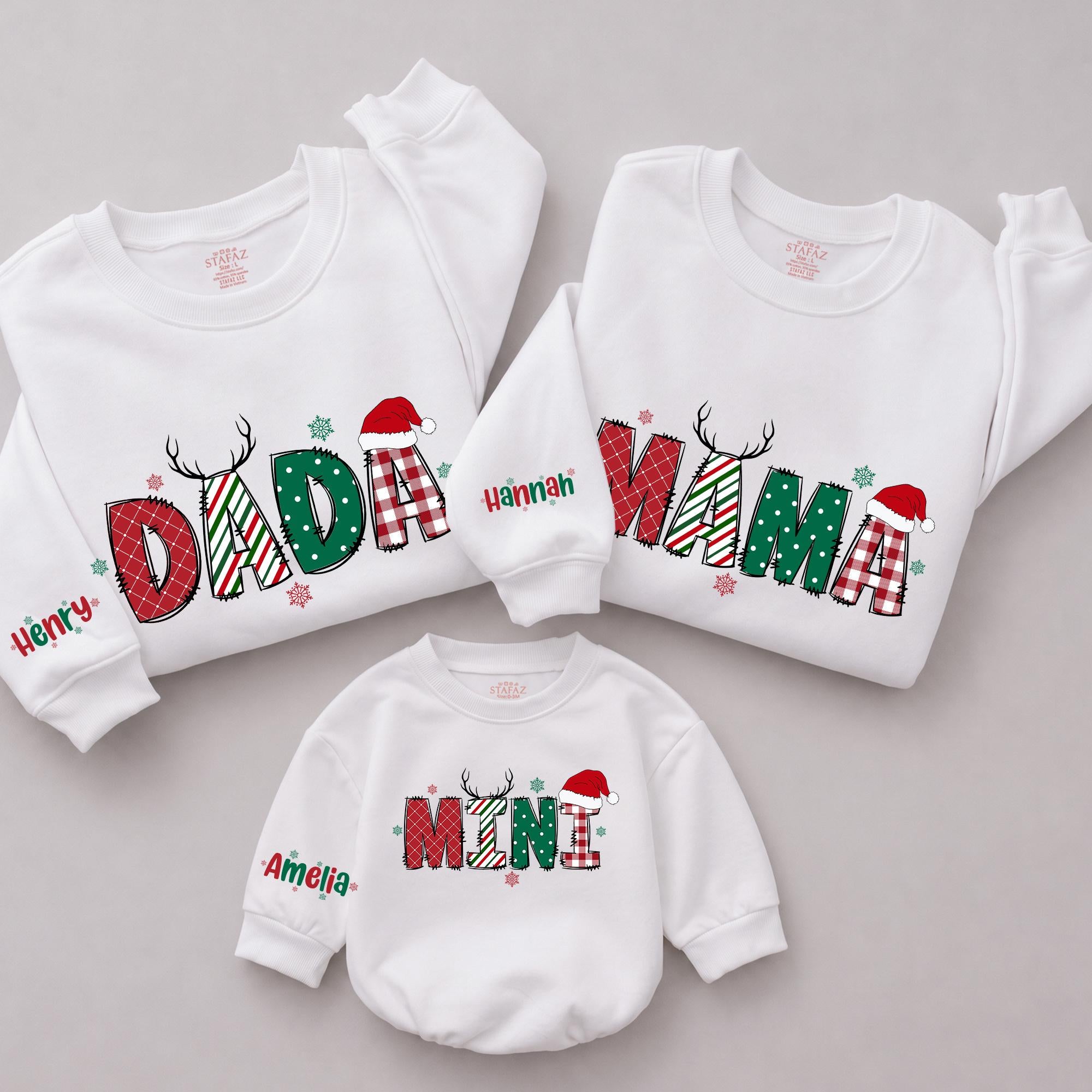 Daddy Mama Mini Matching Christmas Sweatshirts with Santa Hat Artwork, Custom Names, Family Holiday Outfits for Photos