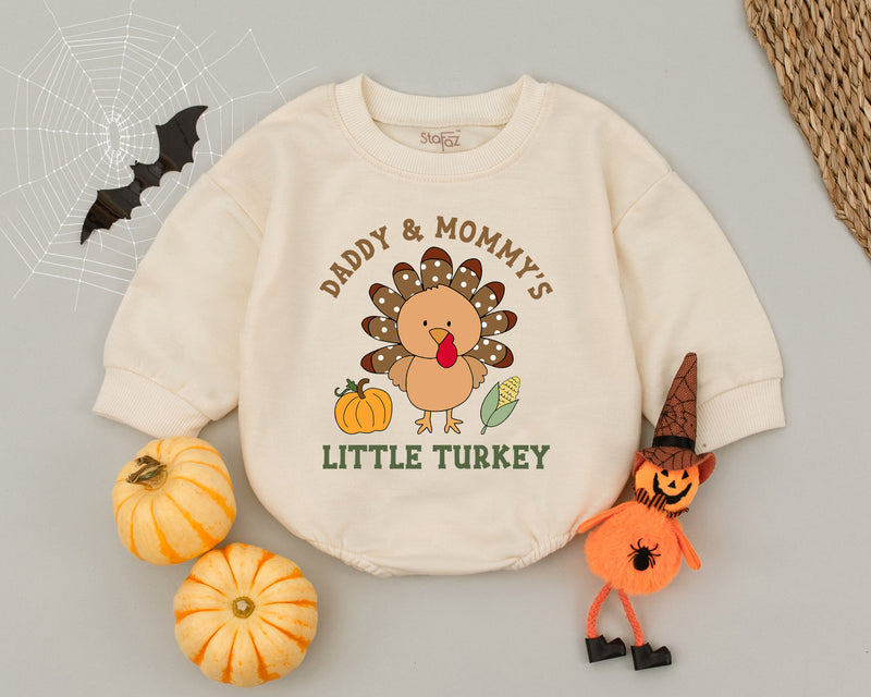 Daddy and Mommy's Little Turkey Baby Romper Cute Thanksgiving Outfit Retro Style Infant Bodysuit Perfect Baby Shower Gift