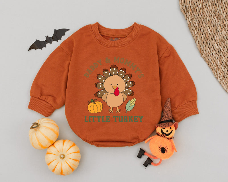 Daddy and Mommy's Little Turkey Baby Romper Cute Thanksgiving Outfit Retro Style Infant Bodysuit Perfect Baby Shower Gift