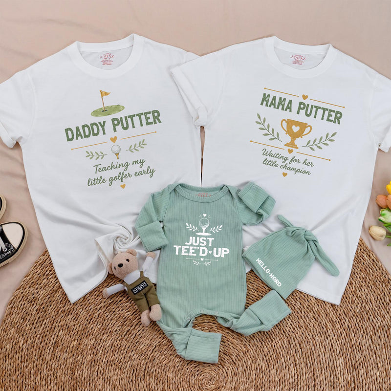 Daddy Putter and Mama Putter Family Golf Shirts with Baby 'Just Teed Up' Romper and Custom Name Hat Set, Fun Matching Outfit