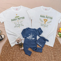 Daddy Putter and Mama Putter Family Golf Shirts with Baby 'Just Teed Up' Romper and Custom Name Hat Set, Fun Matching Outfit
