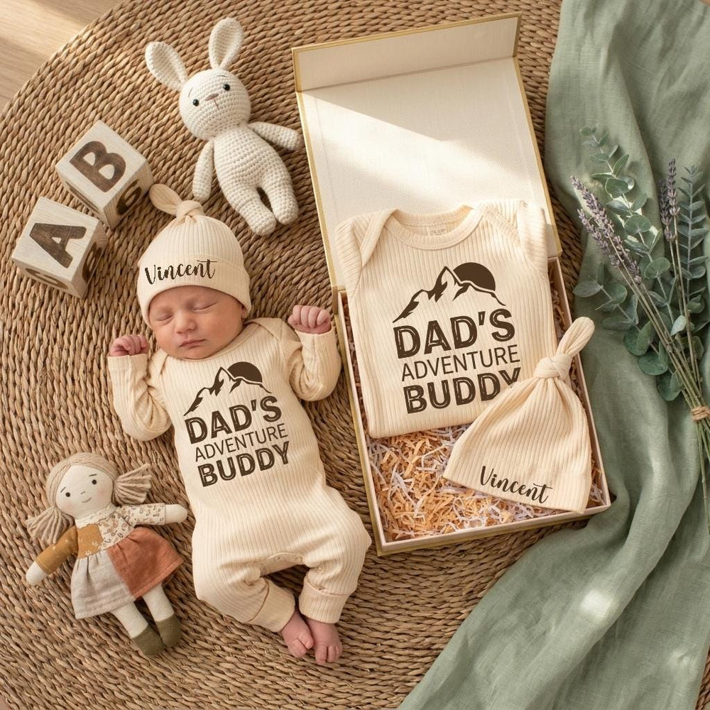 Daddy's Adventure Buddy Baby Gift Set with Mountain Graphic Bodysuit Newborn Coming Home Outfit Cotton Retro Design Pregnancy Announcement