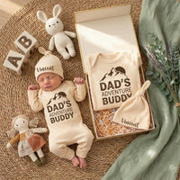 Daddy's Adventure Buddy Baby Gift Set with Mountain Graphic Bodysuit Newborn Coming Home Outfit Cotton Retro Design Pregnancy Announcement