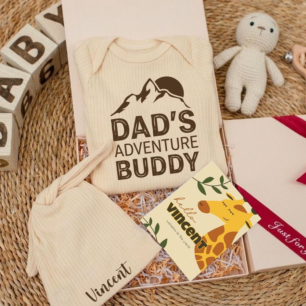 Daddy's Adventure Buddy Baby Gift Set with Mountain Graphic Bodysuit Newborn Coming Home Outfit Cotton Retro Design Pregnancy Announcement