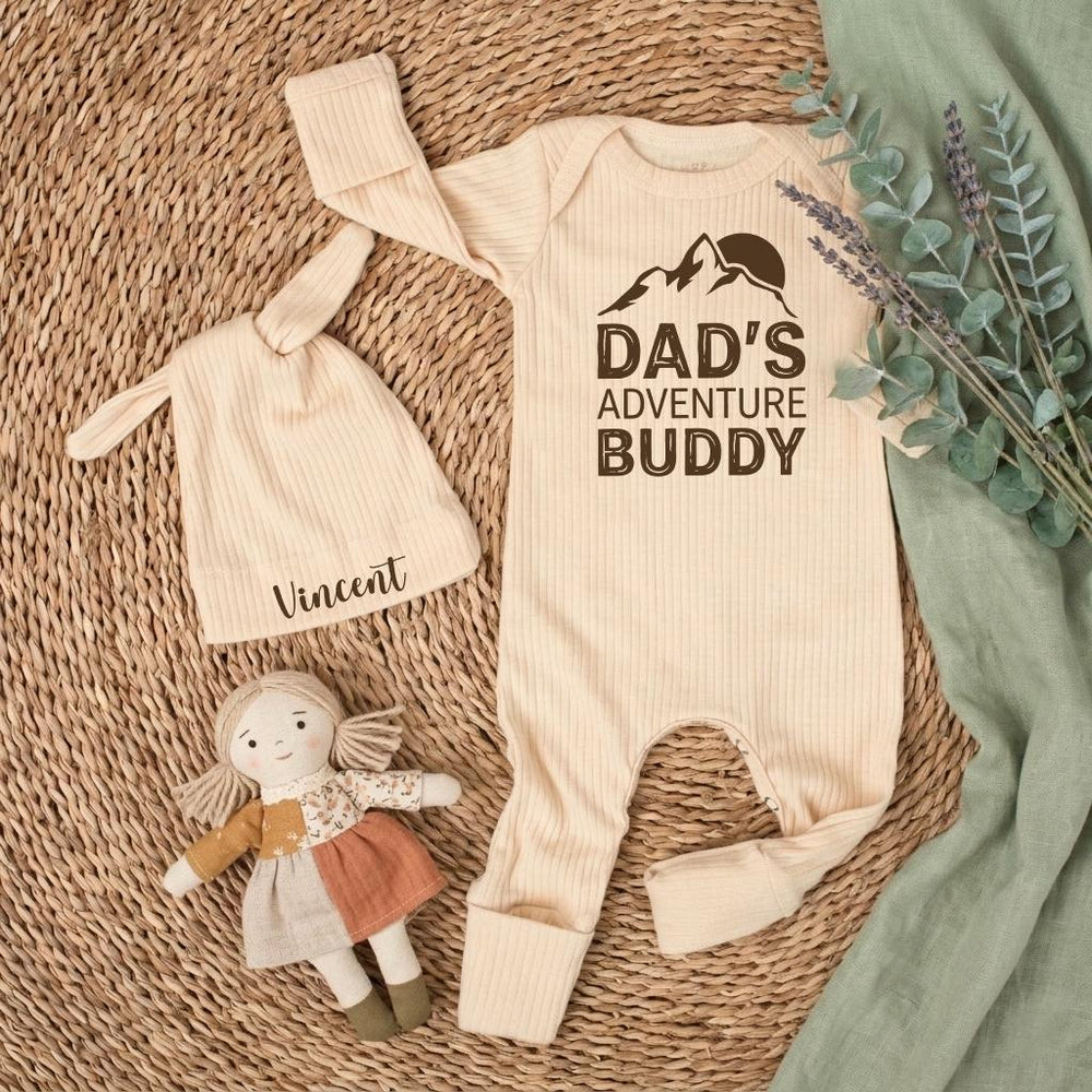 Daddy's Adventure Buddy Baby Gift Set with Mountain Graphic Bodysuit Newborn Coming Home Outfit Cotton Retro Design Pregnancy Announcement
