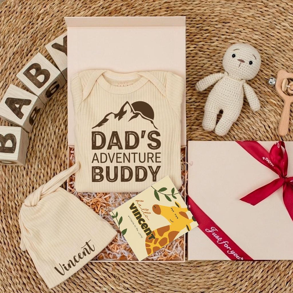 Daddy's Adventure Buddy Baby Gift Set with Mountain Graphic Bodysuit Newborn Coming Home Outfit Cotton Retro Design Pregnancy Announcement