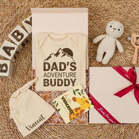 Daddy's Adventure Buddy Baby Gift Set with Mountain Graphic Bodysuit Newborn Coming Home Outfit Cotton Retro Design Pregnancy Announcement