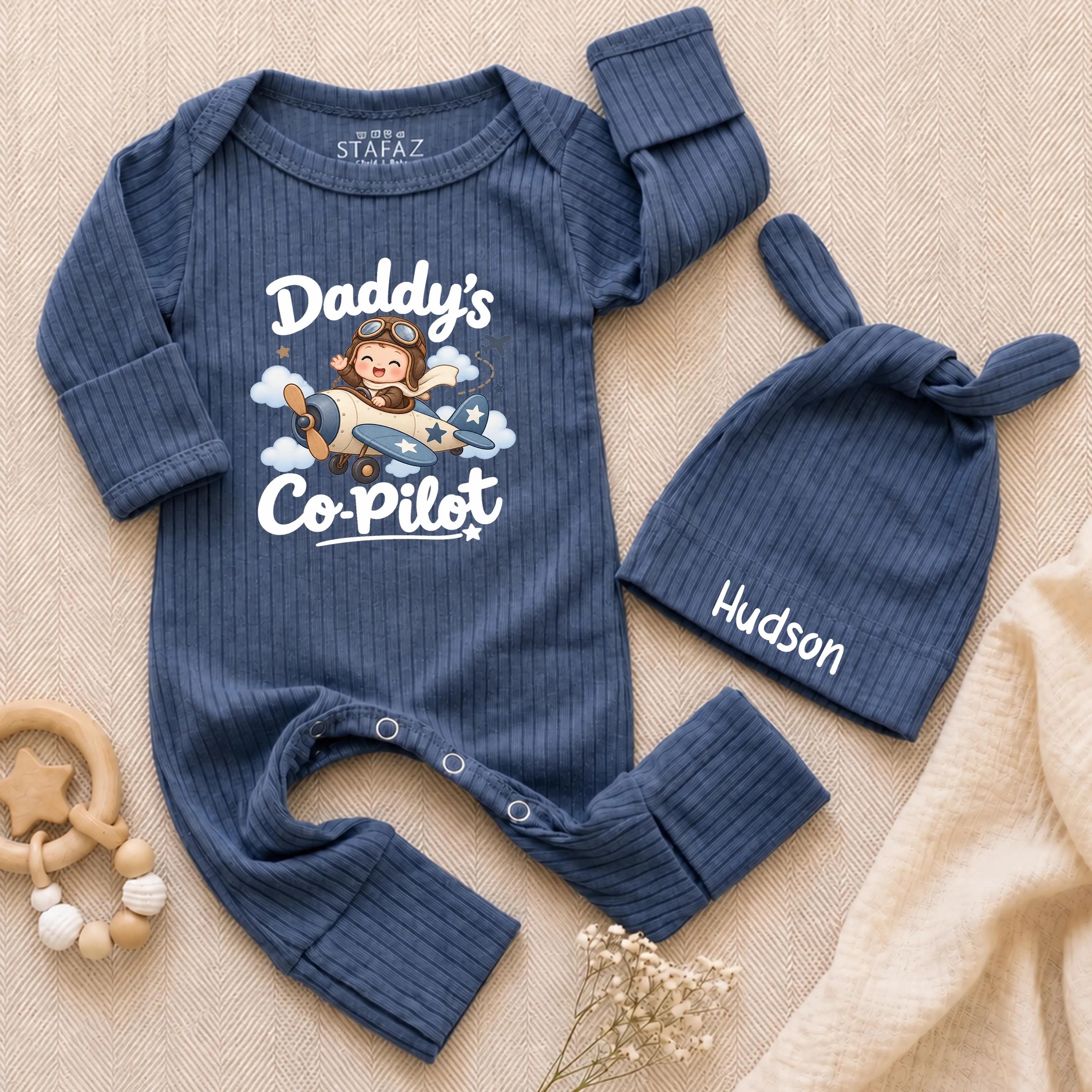 Daddy's Co-Pilot Baby Bodysuit with Airplane Graphic and Custom Name Hat, Newborn Coming Home Outfit, Baby Shower Gift for Boys