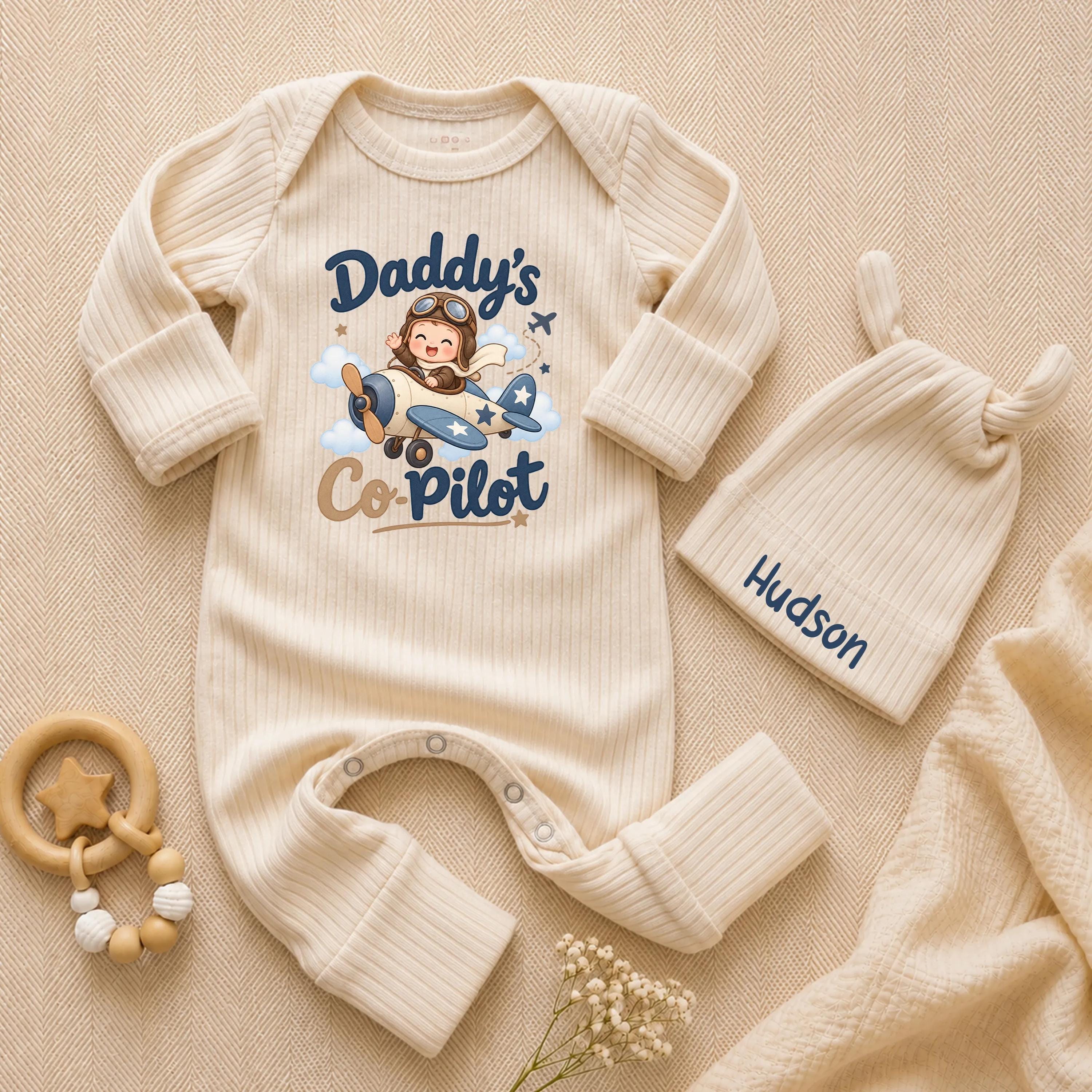 Daddy's Co-Pilot Baby Bodysuit with Airplane Graphic and Custom Name Hat, Newborn Coming Home Outfit, Baby Shower Gift for Boys