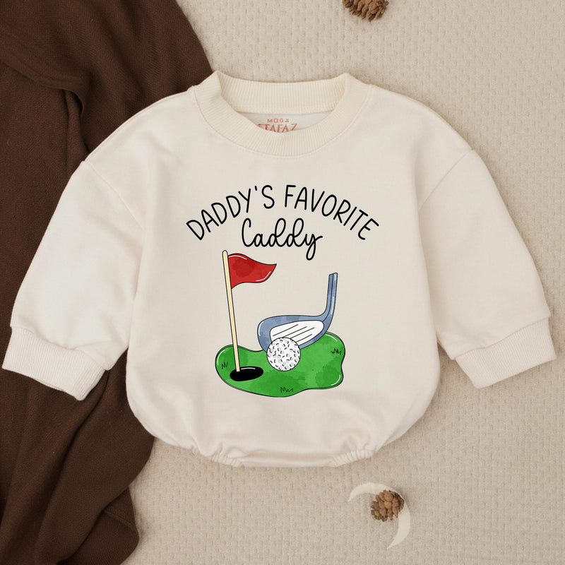 Daddy's Favorite Caddy Baby Romper with Golf Club and Flag Artwork, Funny Father's Day Toddler Outfit, Short Sleeve Summer Romper
