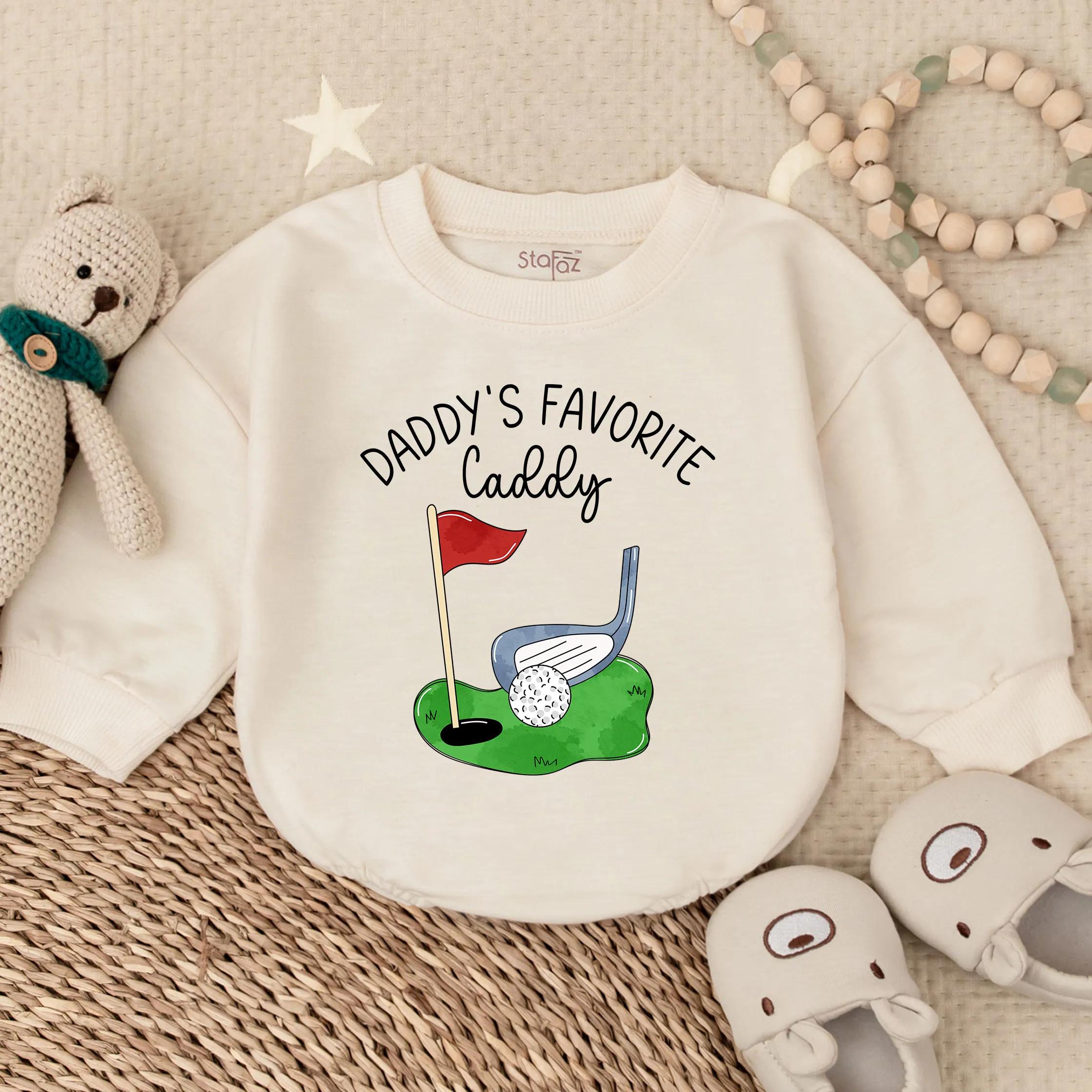 Daddy's Favorite Caddy Baby Romper with Golf Club and Flag Artwork, Funny Father's Day Toddler Outfit, Short Sleeve Summer Romper