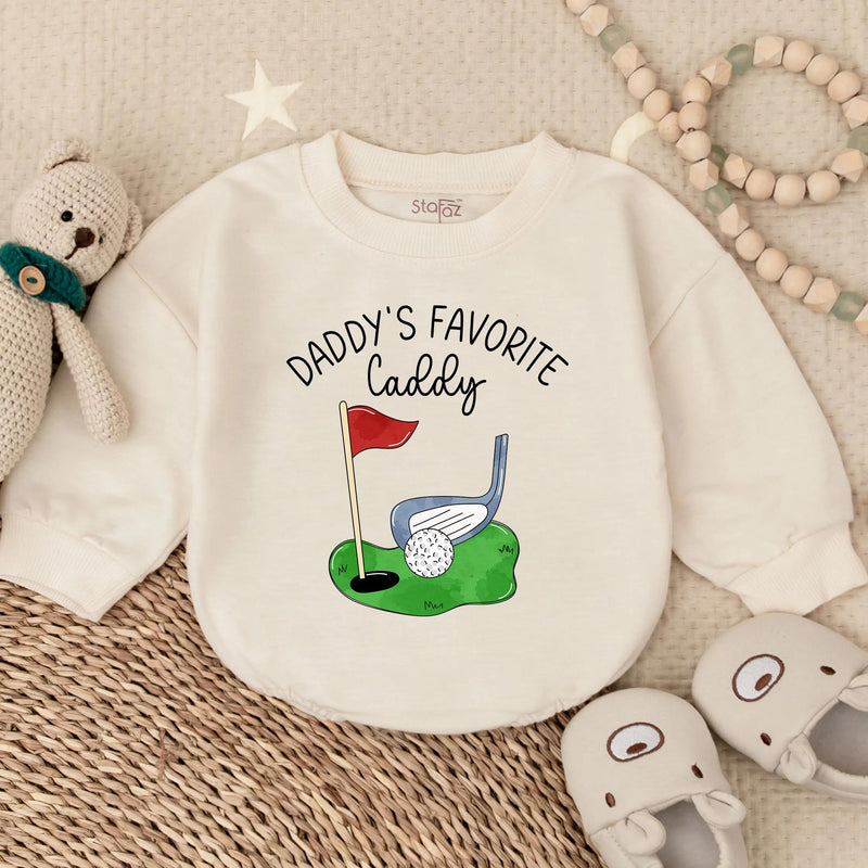 Daddy's Favorite Caddy Baby Romper with Golf Club and Flag Artwork, Funny Father's Day Toddler Outfit, Short Sleeve Summer Romper