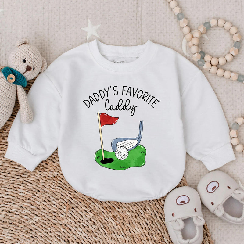 Daddy's Favorite Caddy Baby Romper with Golf Club and Flag Artwork, Funny Father's Day Toddler Outfit, Short Sleeve Summer Romper