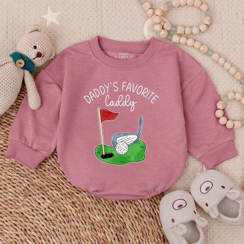 Daddy's Favorite Caddy Baby Romper with Golf Club and Flag Artwork, Funny Father's Day Toddler Outfit, Short Sleeve Summer Romper