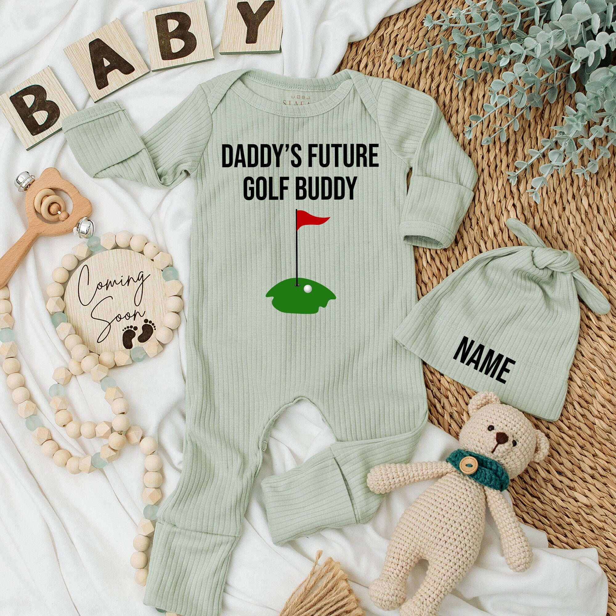 Daddy's Future Golf Buddy Baby Bodysuit Funny Gift for New Parents Soft Cotton Infant Outfit with Green Golf Course Design