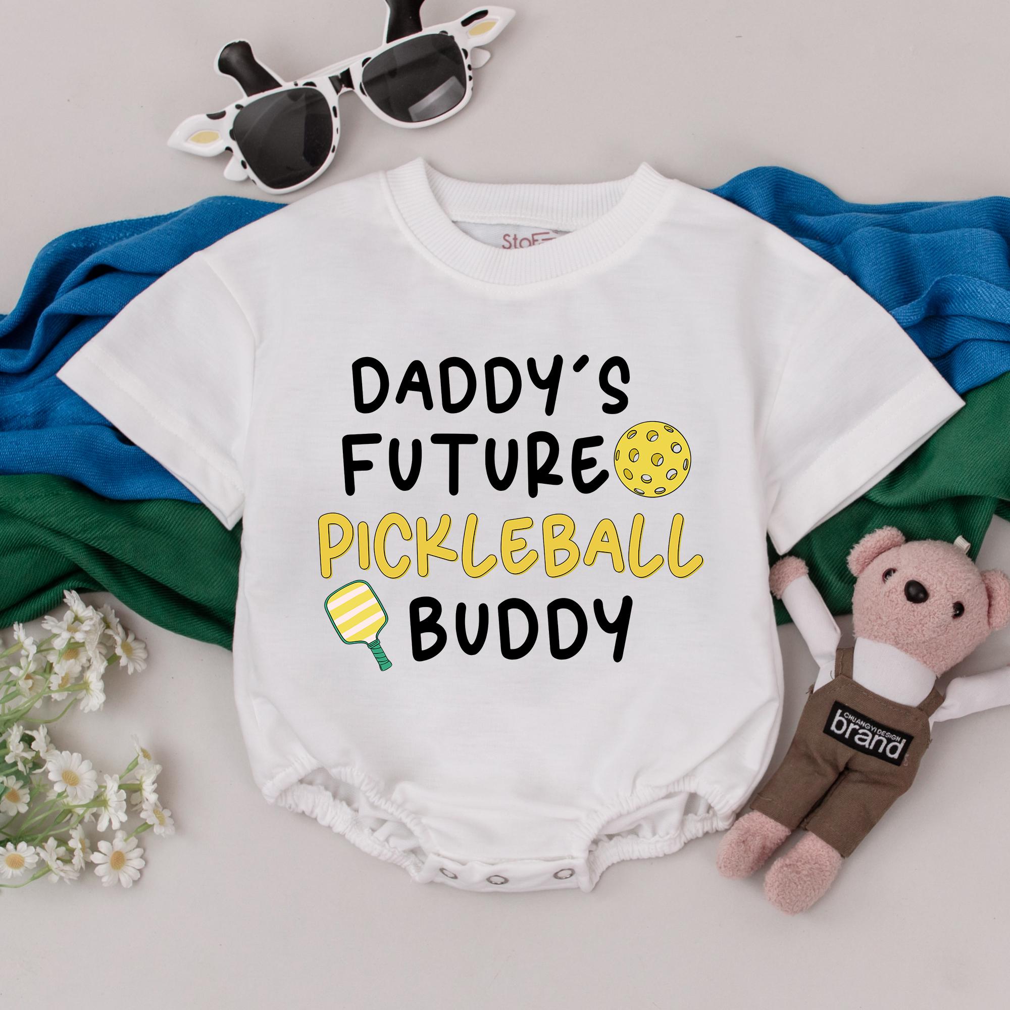 Daddy's Future Pickleball Buddy Baby Romper Soft Cotton Outfit Fun Yellow Paddle Design Gift for Pickleball Lover Infant Girl Boy