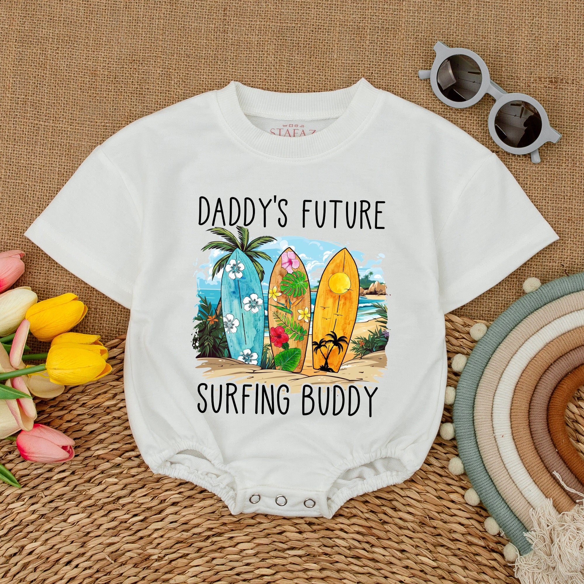 Daddy's Future Surfing Buddy Baby Romper with Beach Scene Surfboards Summer Outfit Newborn Infant Gift Cotton Comfortable Beachwear