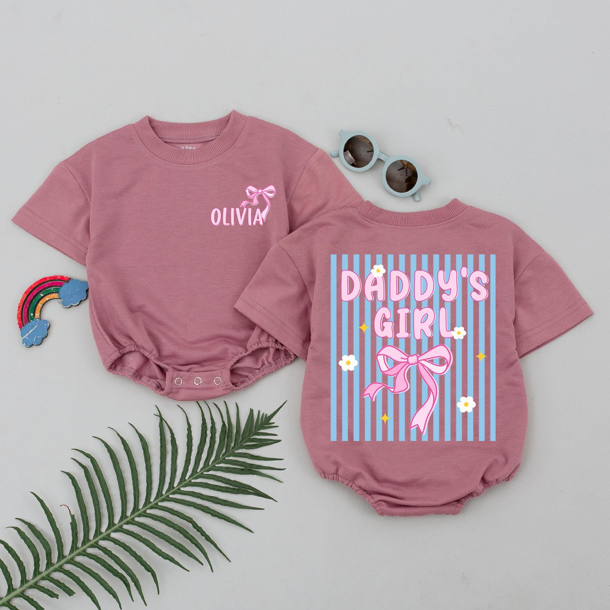 Daddy's Girl Personalized Baby Romper Light Blue Stripes with Pink Bow Custom Name Infant Outfit Comfortable Trendy Coquette Style Gift